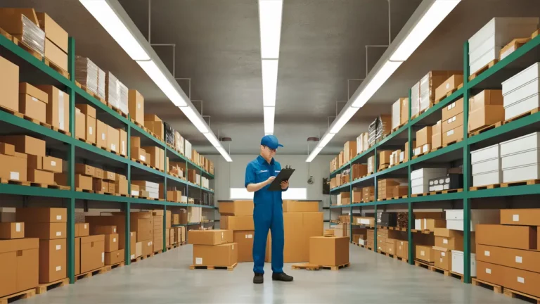 Armazém organizado com prateleiras cheias de caixas e contêineres, e trabalhador verificando lista de inventário.