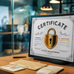 Certificado digital com cadeado dourado ao lado de monitor com software de gestão de estoques na tela.