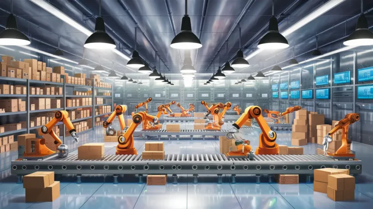 Braços robóticos montando produtos em esteiras em um chão de fábrica com prateleiras e caixas.