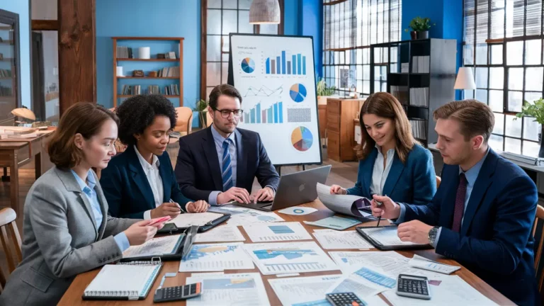 Profissionais discutem estratégias fiscais em uma sala de reuniões com documentos e gráficos.