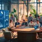 Equipe profissional em escritório moderno com mesa redonda, laptops e quadro digital com gráficos.