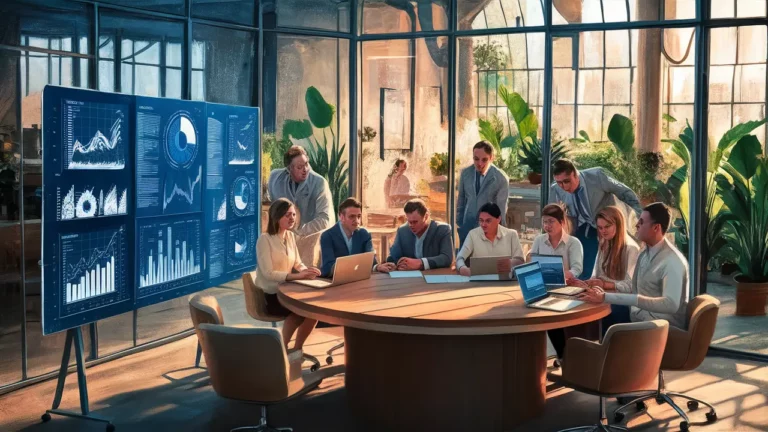 Equipe profissional em escritório moderno com mesa redonda, laptops e quadro digital com gráficos.