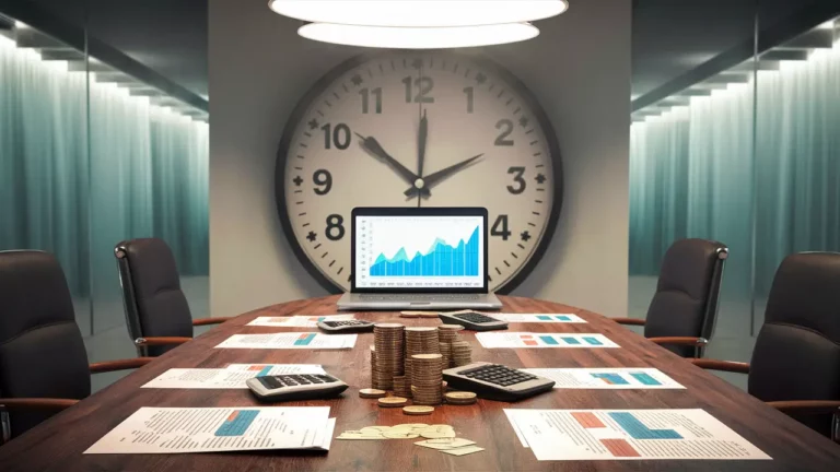 Escritório com mesa de conferência de madeira com relatórios financeiros, calculadoras e moedas, e relógio mostrando 10:15.