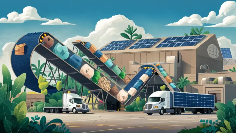 Instalação de reciclagem com correias transportadoras, plantas verdes ao redor e caminhões elétricos estacionados.