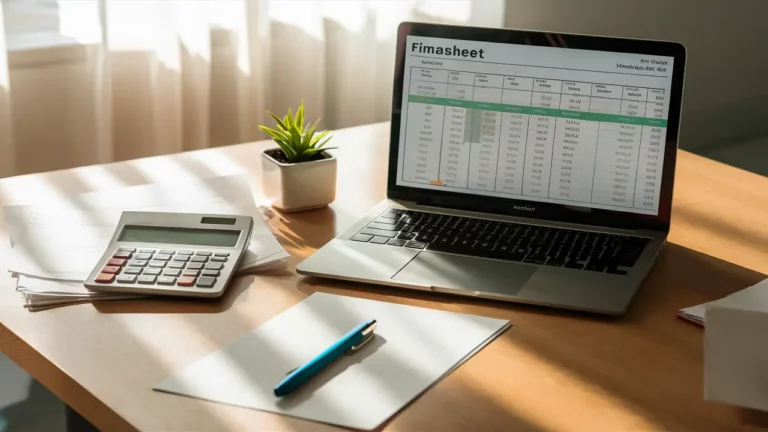 Laptop com planilha financeira, calculadora, pilha de faturas, planta em vaso e caneta sobre mesa de madeira.