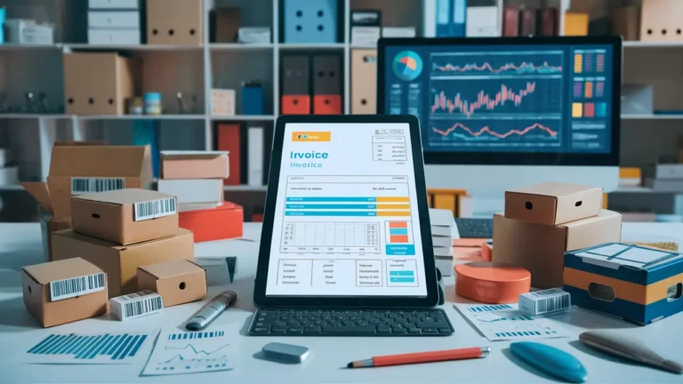 Tablet mostrando nota fiscal eletrônica em um escritório moderno com itens de estoque organizados ao redor.