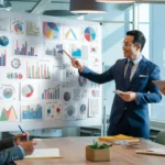 Gráficos coloridos em quadro branco com pessoas em reunião de negócios em sala de conferência bem iluminada.