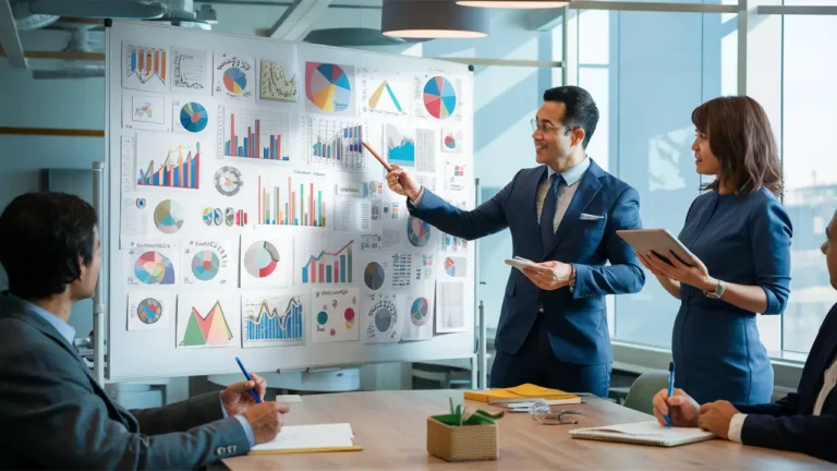 Gráficos coloridos em quadro branco com pessoas em reunião de negócios em sala de conferência bem iluminada.
